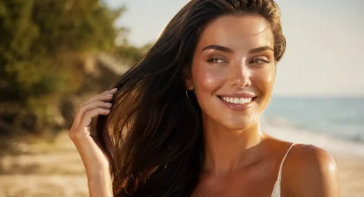 Donna sorridente con capelli lunghi, sani e lucenti. Il risultato dei 3 prodotti per riparare i capelli rovinati da sole e mare