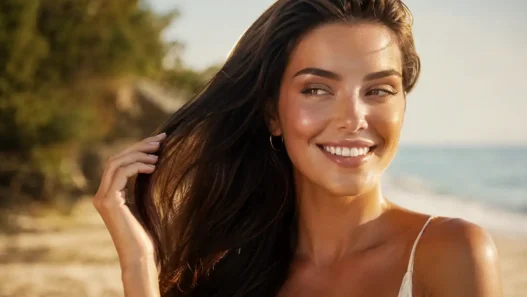 Donna sorridente con capelli lunghi, sani e lucenti. Il risultato dei 3 prodotti per riparare i capelli rovinati da sole e mare