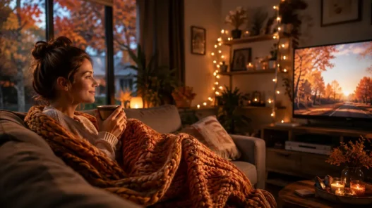 Donna rilassata sul divano coperta da un plaid mentre guarda serie tv romantiche in autunno.