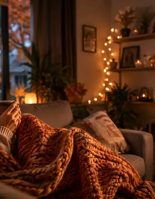 Donna rilassata sul divano coperta da un plaid mentre guarda serie tv romantiche in autunno.