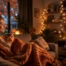 Donna rilassata sul divano coperta da un plaid mentre guarda serie tv romantiche in autunno.
