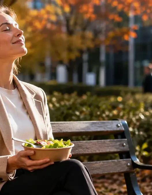 Donna che pratica mindfulness in pausa pranzo al parco, lontana dal PC, per rilassare gli occhi e la mente.