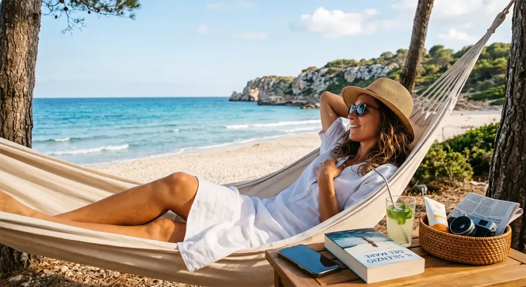 Una donna si rilassa su un'amaca in spiaggia a Ferragosto, ignorando lo smartphone spento per leggere il libro 'IL SILENZIO DEL MARE'.