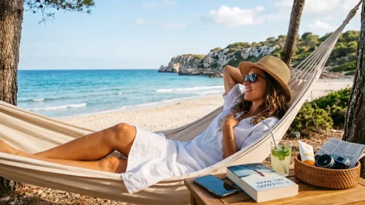 Una donna si rilassa su un'amaca in spiaggia a Ferragosto, ignorando lo smartphone spento per leggere il libro 'IL SILENZIO DEL MARE'.