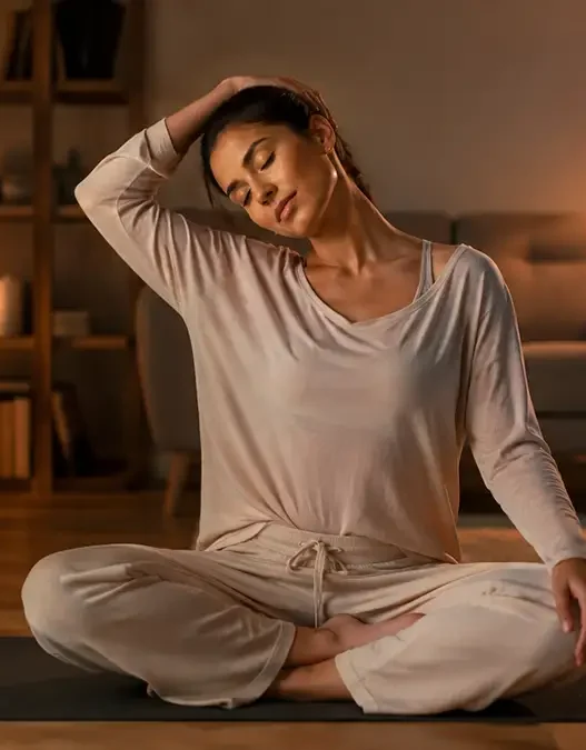 Donna che esegue una dolce routine pilates a casa sul tappetino per sciogliere le tensioni muscolari dopo una giornata al computer.