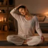 Donna che esegue una dolce routine pilates a casa sul tappetino per sciogliere le tensioni muscolari dopo una giornata al computer.