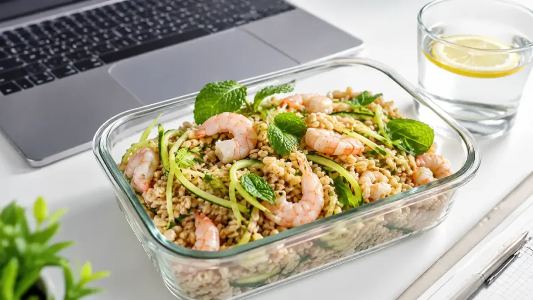 Schiscetta estiva in vetro con insalata di farro, gamberetti e zucchine crude tagliate a julienne, ideale per il pranzo in ufficio