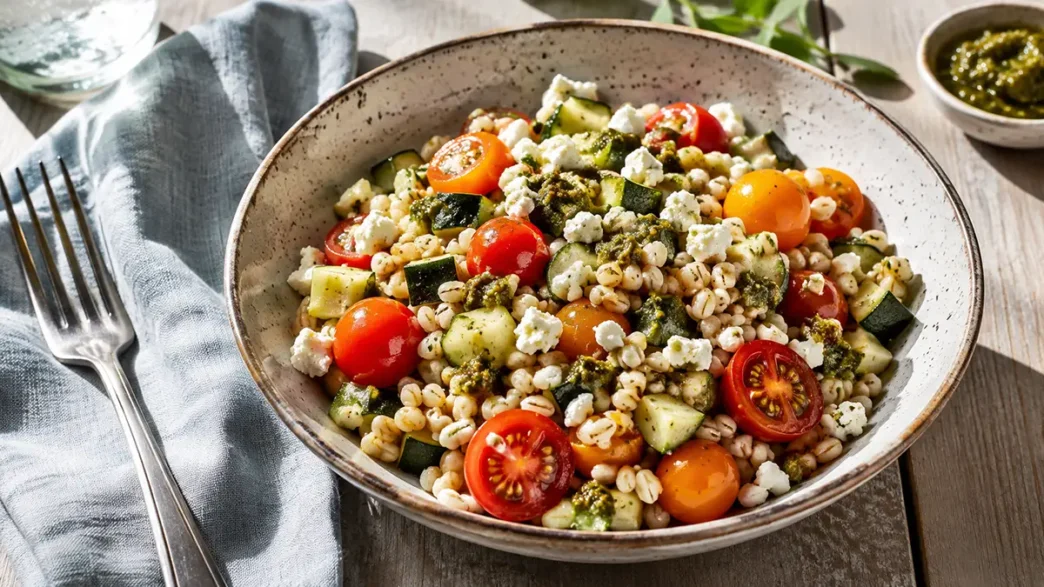 Ciotola colorata con insalata di orzo estiva, verdure e feta, ideale per una ricetta da pranzo veloce.