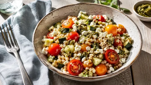 Ciotola colorata con insalata di orzo estiva, verdure e feta, ideale per una ricetta da pranzo veloce.