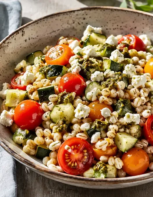 Ciotola colorata con insalata di orzo estiva, verdure e feta, ideale per una ricetta da pranzo veloce.