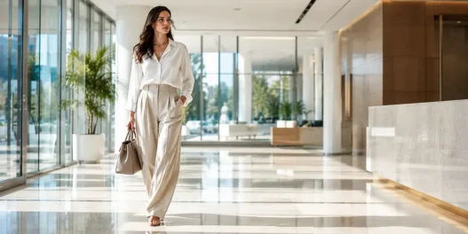 Una donna elegante indossa pantaloni palazzo e blusa in tessuti traspiranti, un perfetto look da ufficio per l'estate.