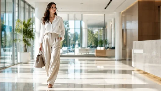 Una donna elegante indossa pantaloni palazzo e blusa in tessuti traspiranti, un perfetto look da ufficio per l'estate.