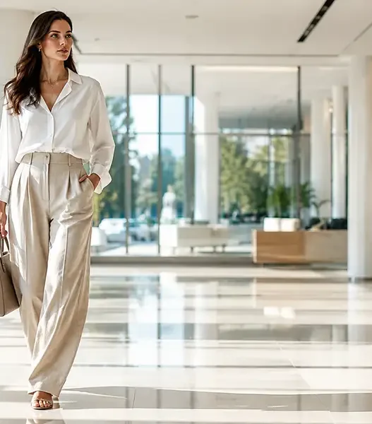 Una donna elegante indossa pantaloni palazzo e blusa in tessuti traspiranti, un perfetto look da ufficio per l'estate.