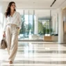 Una donna elegante indossa pantaloni palazzo e blusa in tessuti traspiranti, un perfetto look da ufficio per l'estate.