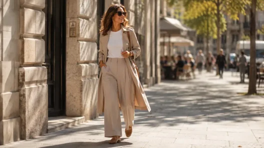 Donna con trench e pantaloni a palazzo, un perfetto look mezza stagione da ufficio per settembre.
