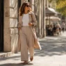 Donna con trench e pantaloni a palazzo, un perfetto look mezza stagione da ufficio per settembre.