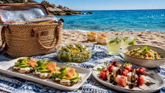 Una tavola da picnic chic in spiaggia per Ferragosto, con vari contenitori aperti: insalata di pasta al pesto gourmet, tramezzini aperti al salmone, spiedini di anguria e feta, e couscous alla menta, tutto fresco e senza forno.
