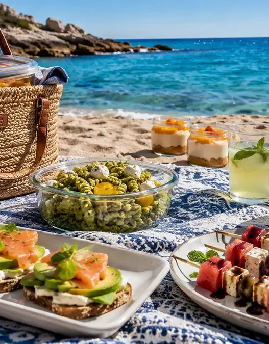 Una tavola da picnic chic in spiaggia per Ferragosto, con vari contenitori aperti: insalata di pasta al pesto gourmet, tramezzini aperti al salmone, spiedini di anguria e feta, e couscous alla menta, tutto fresco e senza forno.