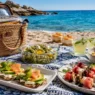 Una tavola da picnic chic in spiaggia per Ferragosto, con vari contenitori aperti: insalata di pasta al pesto gourmet, tramezzini aperti al salmone, spiedini di anguria e feta, e couscous alla menta, tutto fresco e senza forno.