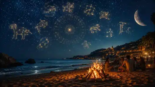 Text) Un magico cielo stellato con le costellazioni dello zodiaco sopra un falò in spiaggia, perfetto per scoprire l'oroscopo del 15 agosto 2026 e i segni fortunati