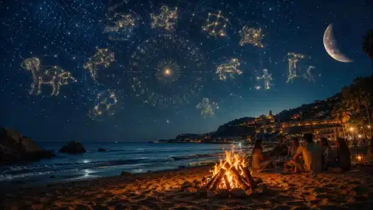 Text) Un magico cielo stellato con le costellazioni dello zodiaco sopra un falò in spiaggia, perfetto per scoprire l'oroscopo del 15 agosto 2026 e i segni fortunati