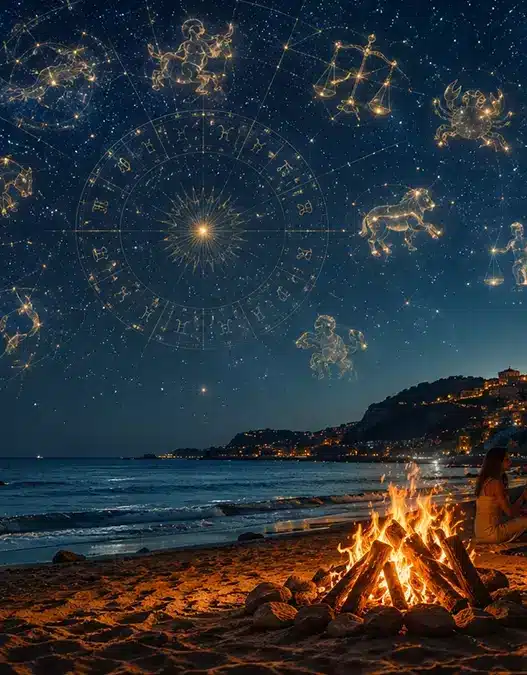 Text) Un magico cielo stellato con le costellazioni dello zodiaco sopra un falò in spiaggia, perfetto per scoprire l'oroscopo del 15 agosto 2026 e i segni fortunati
