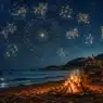 Text) Un magico cielo stellato con le costellazioni dello zodiaco sopra un falò in spiaggia, perfetto per scoprire l'oroscopo del 15 agosto 2026 e i segni fortunati
