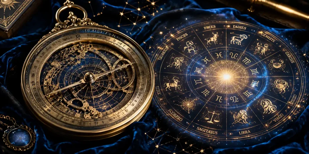 Elegante ruota dello zodiaco dorata su sfondo blu notte, simbolo delle previsioni astrologiche per l'oroscopo del 20 agosto 2026.