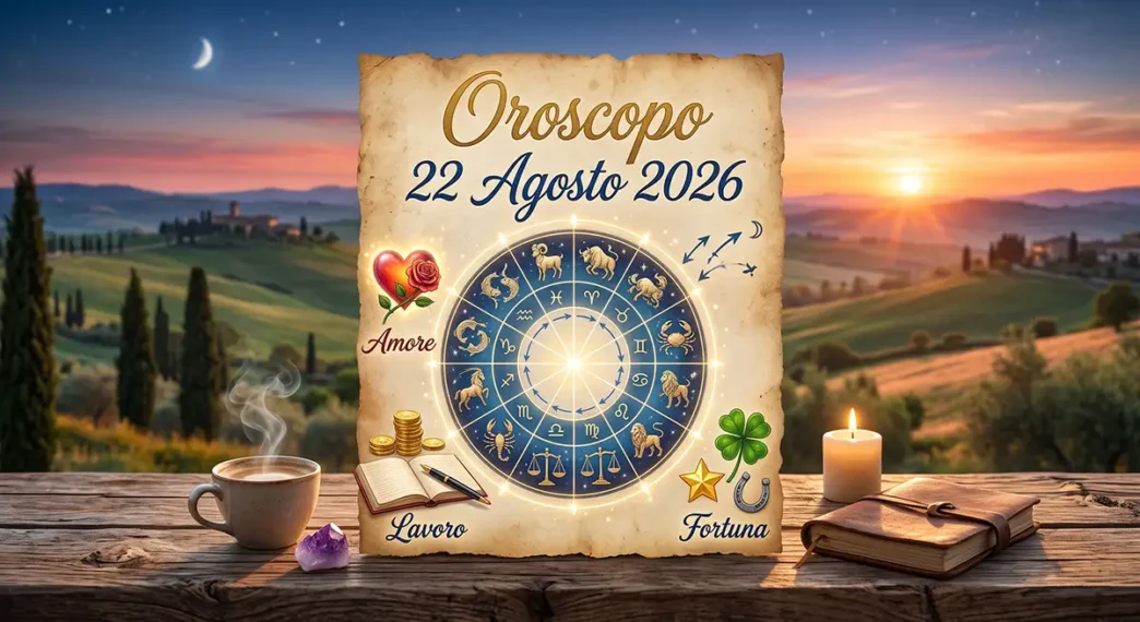 Un'illustrazione dettagliata e artistica di un oroscopo per il 22 agosto 2026, con il titolo 'Oroscopo 22 Agosto 2026' su una pergamena invecchiata al centro.