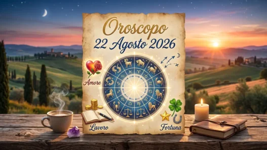 Un'illustrazione dettagliata e artistica di un oroscopo per il 22 agosto 2026, con il titolo 'Oroscopo 22 Agosto 2026' su una pergamena invecchiata al centro.