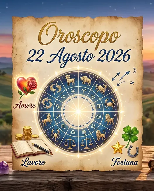 Un'illustrazione dettagliata e artistica di un oroscopo per il 22 agosto 2026, con il titolo 'Oroscopo 22 Agosto 2026' su una pergamena invecchiata al centro.