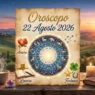 Un'illustrazione dettagliata e artistica di un oroscopo per il 22 agosto 2026, con il titolo 'Oroscopo 22 Agosto 2026' su una pergamena invecchiata al centro.