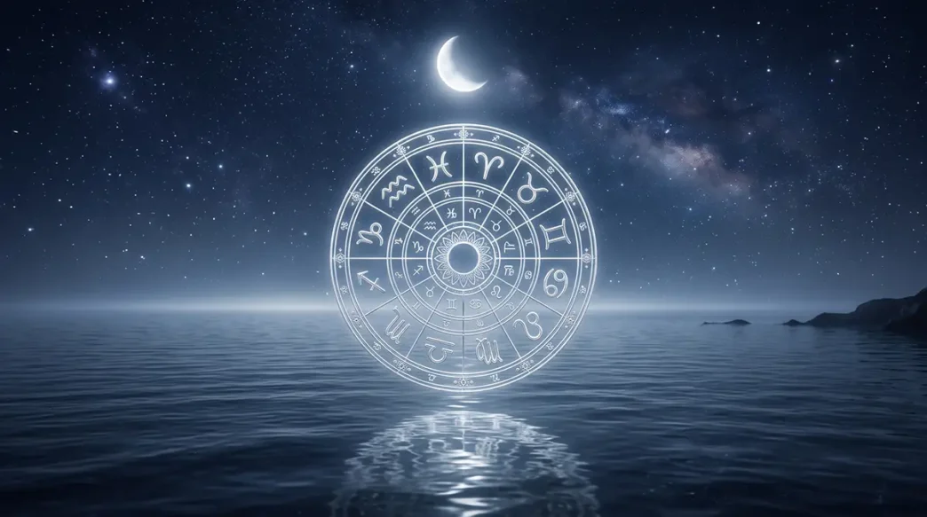 Ruota dello zodiaco argentata e luminosa sotto un cielo stellato, simbolo dell'oroscopo del 29 agosto 2026.
