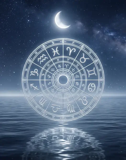Ruota dello zodiaco argentata e luminosa sotto un cielo stellato, simbolo dell'oroscopo del 29 agosto 2026.