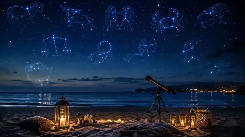 Un magico cielo stellato estivo sul mare con le costellazioni zodiacali, perfetto per scoprire l'oroscopo di Paolo Fox del 14 agosto 2026 e la classifica dei segni