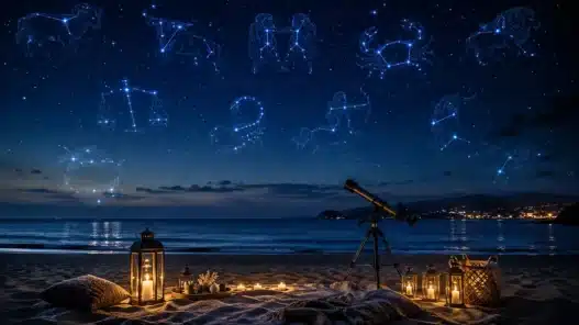 Un magico cielo stellato estivo sul mare con le costellazioni zodiacali, perfetto per scoprire l'oroscopo di Paolo Fox del 14 agosto 2026 e la classifica dei segni