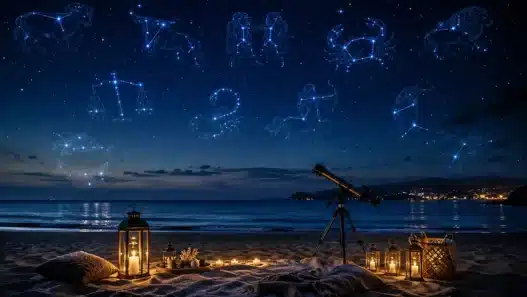 Un magico cielo stellato estivo sul mare con le costellazioni zodiacali, perfetto per scoprire l'oroscopo di Paolo Fox del 14 agosto 2026 e la classifica dei segni