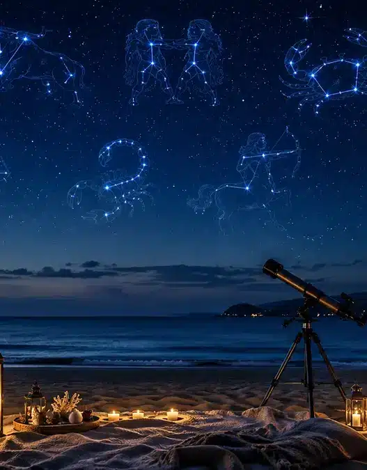 Un magico cielo stellato estivo sul mare con le costellazioni zodiacali, perfetto per scoprire l'oroscopo di Paolo Fox del 14 agosto 2026 e la classifica dei segni
