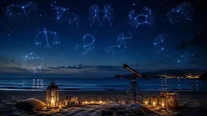Un magico cielo stellato estivo sul mare con le costellazioni zodiacali, perfetto per scoprire l'oroscopo di Paolo Fox del 14 agosto 2026 e la classifica dei segni