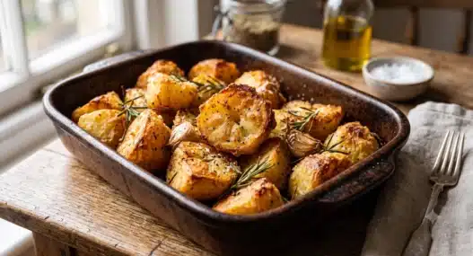 Teglia rustica con patate al forno croccanti e dorate, condite con rosmarino e aglio. Il contorno perfetto preparato con il segreto della nonna.