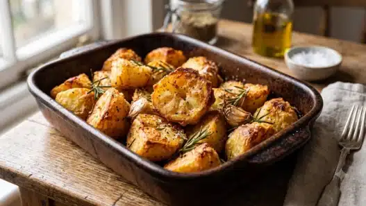 Teglia rustica con patate al forno croccanti e dorate, condite con rosmarino e aglio. Il contorno perfetto preparato con il segreto della nonna.