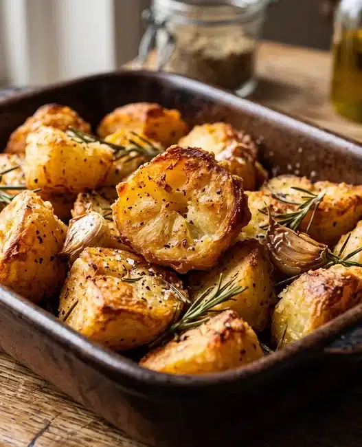 Teglia rustica con patate al forno croccanti e dorate, condite con rosmarino e aglio. Il contorno perfetto preparato con il segreto della nonna.