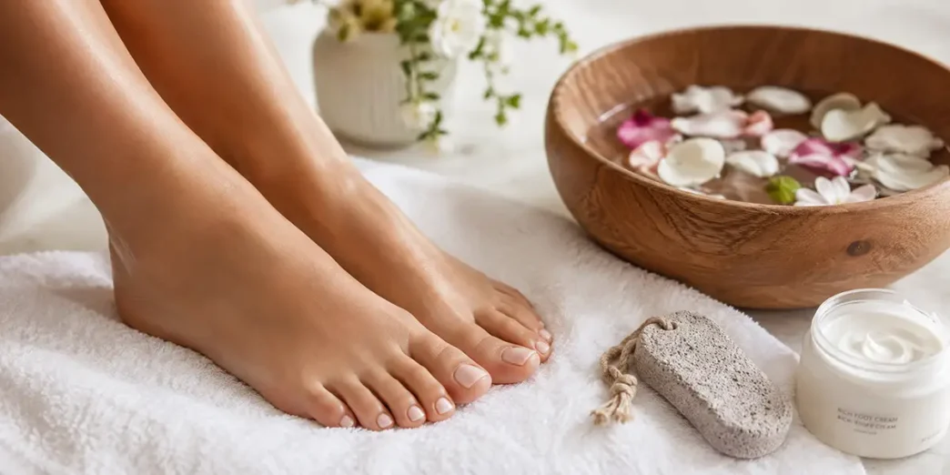 Una rilassante pedicure fai da te a casa con pediluvio e pietra pomice per curare i talloni screpolati e i piedi secchi.