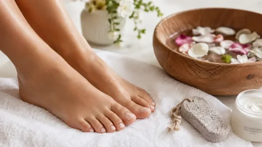 Una rilassante pedicure fai da te a casa con pediluvio e pietra pomice per curare i talloni screpolati e i piedi secchi.