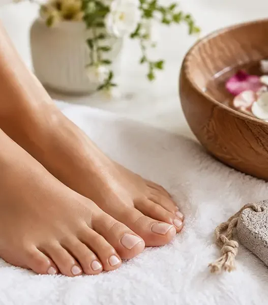Una rilassante pedicure fai da te a casa con pediluvio e pietra pomice per curare i talloni screpolati e i piedi secchi.