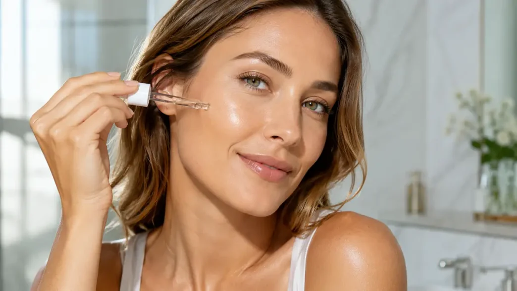 Donna che applica un siero illuminante alla Vitamina C per contrastare le macchie solari sul viso.