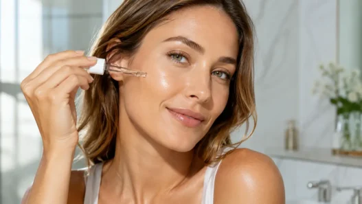 Donna che applica un siero illuminante alla Vitamina C per contrastare le macchie solari sul viso.