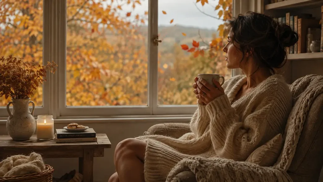Una donna bionda sorridente e rilassata su un divano velluto crema tenendo una tazza di bevanda calda. Guarda fuori dalla grande finestra su un giardino autunnale con foglie cadenti. Sul tavolo accanto a lei sono visibili il libro 'THE ART OF SOFT LIVING', fichi freschi e una candela accesa.