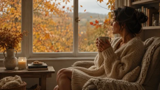 Una donna bionda sorridente e rilassata su un divano velluto crema tenendo una tazza di bevanda calda. Guarda fuori dalla grande finestra su un giardino autunnale con foglie cadenti. Sul tavolo accanto a lei sono visibili il libro 'THE ART OF SOFT LIVING', fichi freschi e una candela accesa.