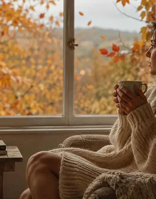 Una donna bionda sorridente e rilassata su un divano velluto crema tenendo una tazza di bevanda calda. Guarda fuori dalla grande finestra su un giardino autunnale con foglie cadenti. Sul tavolo accanto a lei sono visibili il libro 'THE ART OF SOFT LIVING', fichi freschi e una candela accesa.